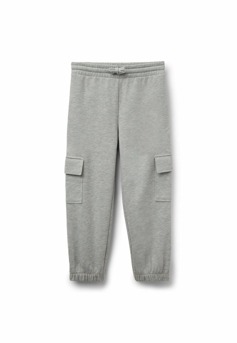 Graue Sweatpants aus weichem Stoff, mit elastischem Bund, zwei seitlichen Cargo-Taschen und elastischen Bündchen an den Knöcheln.