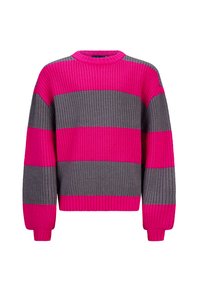 Gestreifter Strickpullover mit kräftigen Pink- und Grautönen, rundem Hals, und gerippten Bündchen und Saum aus strukturiertem Stoff.