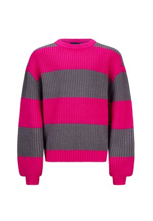 Gestreifter Strickpullover mit kräftigen Pink- und Grautönen, rundem Hals, und gerippten Bündchen und Saum aus strukturiertem Stoff.