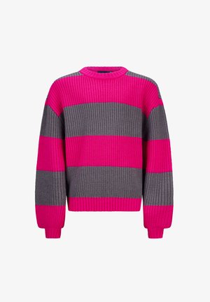 Gestreifter Strickpullover mit kräftigen Pink- und Grautönen, rundem Hals, und gerippten Bündchen und Saum aus strukturiertem Stoff.