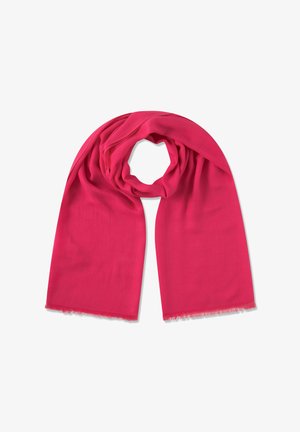 Helles pinkfarbenes, rechteckiges Halstuch aus weichem Stoff, leicht fransige Kanten und in der Mitte locker zu einer kreisförmigen Form gefaltet.
