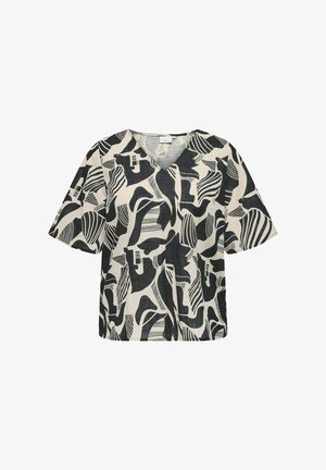 Koszulka z krótkim rękawem z lnu z dekoltem w kształcie litery V, w czarno-kremowy abstrakcyjny wzór, podkreślający odważne linie i organiczne kształty.