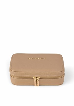 Tan leather rectangular zipper case with gold hardware and embossed lettering on the front. Smooth texture, slightly rounded edges.