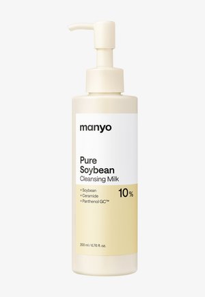 Flacon de Manyo Pure Soybean Cleansing Milk avec pompe, mettant en avant 10 % de soja, céramide, panthénol, taille 200 ml.