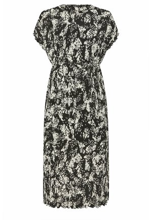 Abito a fantasia bianco e nero con maniche corte, vestibilità morbida, vita arricciata e orlo knee-length. Tessuto texture con pieghe sottili.