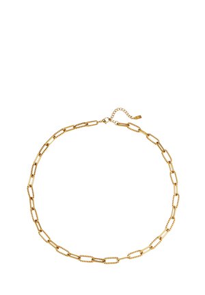 Collar de cadena de oro con eslabones alargados, alternando texturas suaves y trenzadas, cierre ajustable con extensión de cadena.