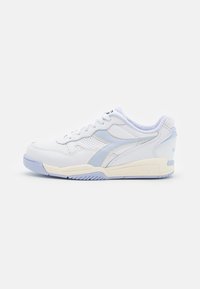 White leather sneaker with light blue accents, perforated toe box, flat laces, and rubber sole. Features logo on the heel and side.
