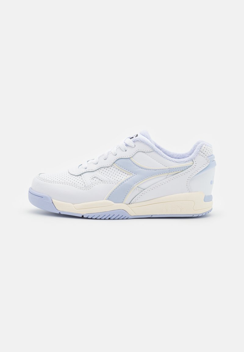 White leather sneaker with light blue accents, perforated toe box, flat laces, and rubber sole. Features logo on the heel and side.