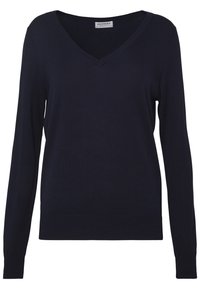 Granatowy sweter z długim rękawem i dekoltem w serek, wykonany z miękkiego materiału, z prążkowanym wykończeniem na dole i mankietach oraz luźnym krojem, zapewniającym wygodę noszenia.