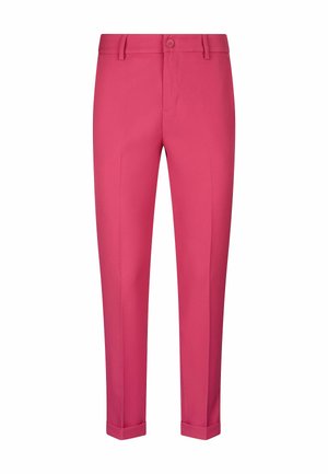 Pink tailored trousers with a smooth texture, featuring a button closure, side pockets, and rolled cuffs at the hem.