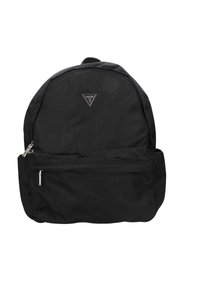 Zaino in nylon nero con forma arrotondata, dotato di una tasca frontale con zip, hardware in argento e un logo triangolare sulla parte anteriore.