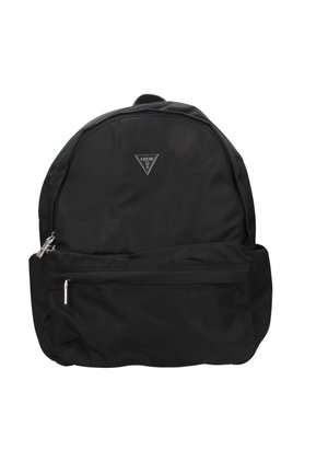 Zaino in nylon nero con forma arrotondata, dotato di una tasca frontale con zip, hardware in argento e un logo triangolare sulla parte anteriore.