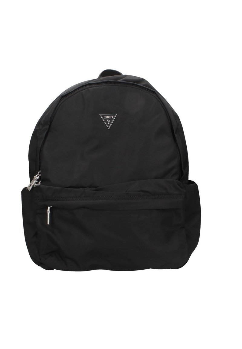 Zaino in nylon nero con forma arrotondata, dotato di una tasca frontale con zip, hardware in argento e un logo triangolare sulla parte anteriore.