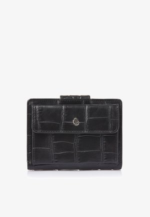 Zwarte krokodillenleer portemonnee met klepzak en zilveren logo-embleem aan de voorkant, gefotografeerd tegen een witte achtergrond.