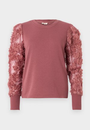 Rosa Sweatshirt mit taillierter Passform und transparenten Ärmeln, verziert mit strukturierten Stoffblumen. Gerippte Bündchen und Halsausschnitt.