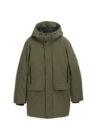 Parka verde oliva con cappuccio, grandi tasche frontali e finitura testurizzata. Caratterizzata da bottoni a pressione e polsini elasticizzati.
