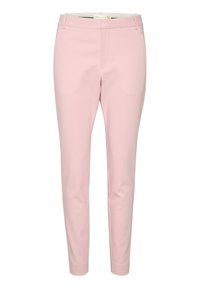 Pink tailored trousers with a slim fit, made from smooth fabric. Features a flat front, belt loops, and side pockets.