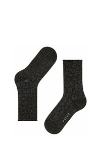 Calze nere con un motivo leopardato, realizzate in un materiale strutturato con una leggera lucentezza. Presentano un gambale alto e un tallone rinforzato.