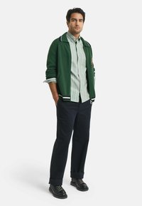 Cardigan verde lavorato a maglia con colletto a righe, indossato su una camicia a righe verde chiaro, abbinato a pantaloni scuri e stivali neri con lacci.