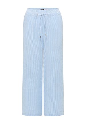 Pantalon large à rayures verticales bleu clair et blanc, avec taille élastique et cordon à l'avant.