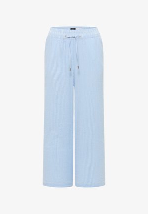 Pantalon large à rayures verticales bleu clair et blanc, avec taille élastique et cordon à l'avant.