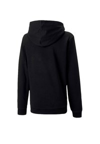 Sudadera con capucha negra hecha de tejido suave, con un corte holgado, puños acanalados y un bolsillo tipo canguro en la parte frontal.