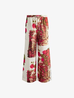 Wide-leg trousers in lightweight fabric featuring a floral print of red roses against a white background with a drawstring waist.