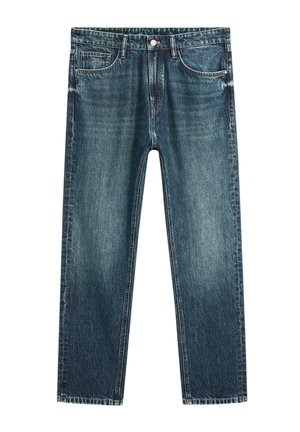 Jean en denim bleu marine avec une coupe droite, un léger délavage, un style classique à cinq poches, une fermeture à bouton en métal et des détails cousus.