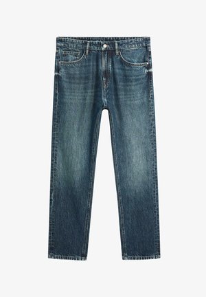 Dark blue denim jeans with a straight leg design, subtle fading, classic five-pocket styling, metal button closure, and stitched detailing.