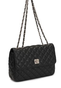 Black quilted handbag with a silver hardware clasp. Features a chain strap. Smooth leather with a structured design and distinct texture.