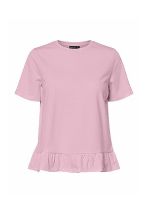 Blouse rose à manches courtes avec encolure ronde et ourlet volanté, fabriquée en tissu doux, présentée sur un fond blanc.