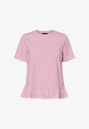 Blouse rose à manches courtes avec encolure ronde et ourlet volanté, fabriquée en tissu doux, présentée sur un fond blanc.