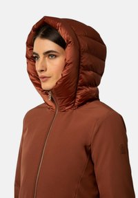 Giacca isolante marrone con un grande cappuccio imbottito, caratterizzata da una texture liscia, chiusura con zip e dettaglio del logo sulla manica.