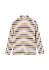 Ribbed long-sleeve top in pastel striped pattern featuring yellow, blue, and burgundy. Folded collar and straight hem.