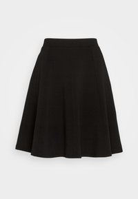 Jupe évasée noire en tissu texturé, avec une taille ajustée et des détails de plis, conçue pour un ajustement au niveau du genou.