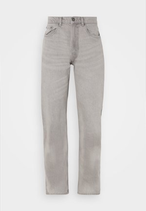 Gray denim jeans with a straight leg design, featuring five pockets, a button and zipper closure, and subtle fading details throughout.