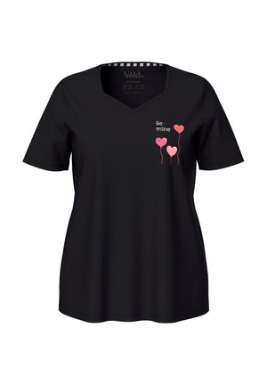Camiseta negra de cuello en V con mangas cortas. Presenta un gráfico de un globo rosa y el texto "Sé mío" en el lado izquierdo del pecho. Fabricada con una tela suave y lisa.