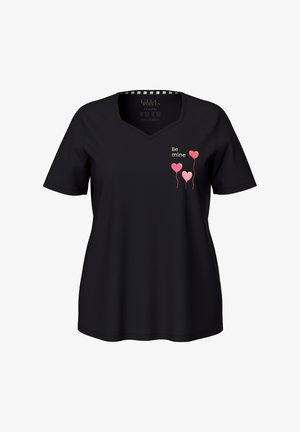 Schwarzes V-Ausschnitt T-Shirt mit kurzen Ärmeln. Mit pinkem Ballon-Graphic und dem Text "Be mine" auf der linken Brustseite. Hergestellt aus weichem, glattem Stoff.