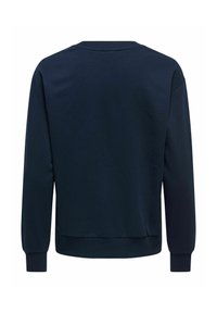 Sweatshirt bleu marine à manches longues, col rond, avec des poignets et une taille côtelés ; tissu doux avec un design minimal et sans logos visibles.