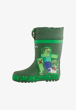 Grüne Kinder-Gummistiefel mit Minecraft-Figuren und pixeligem Design an Sohle und oberem Rand mit Kordelzug oben.