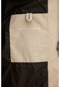 Tan and black jacket fabric features a pocket with white icons indicating windproof, water-repellent, 4-way stretch, and 3-layer fabric.