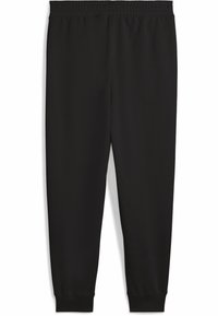 Juodi sportiniai kelnes, pagamintos iš minkštos medžiagos, su elastinga juosmens juosta ir siaurėjančiomis kojomis, turinčiomis ribotas rankoves keliuose.