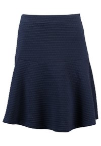Gonna a ruota blu navy in tessuto strutturato con righe orizzontali, dotata di un girovita aderente e design fino al ginocchio.