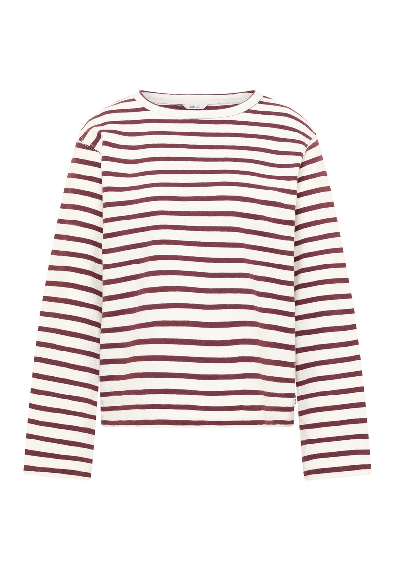 Langärmeliges Oberteil mit Rundhalsausschnitt und roten sowie weißen horizontalen Streifen. Hergestellt aus weichem Stoff, mit entspanntem Schnitt und geradem Saum.