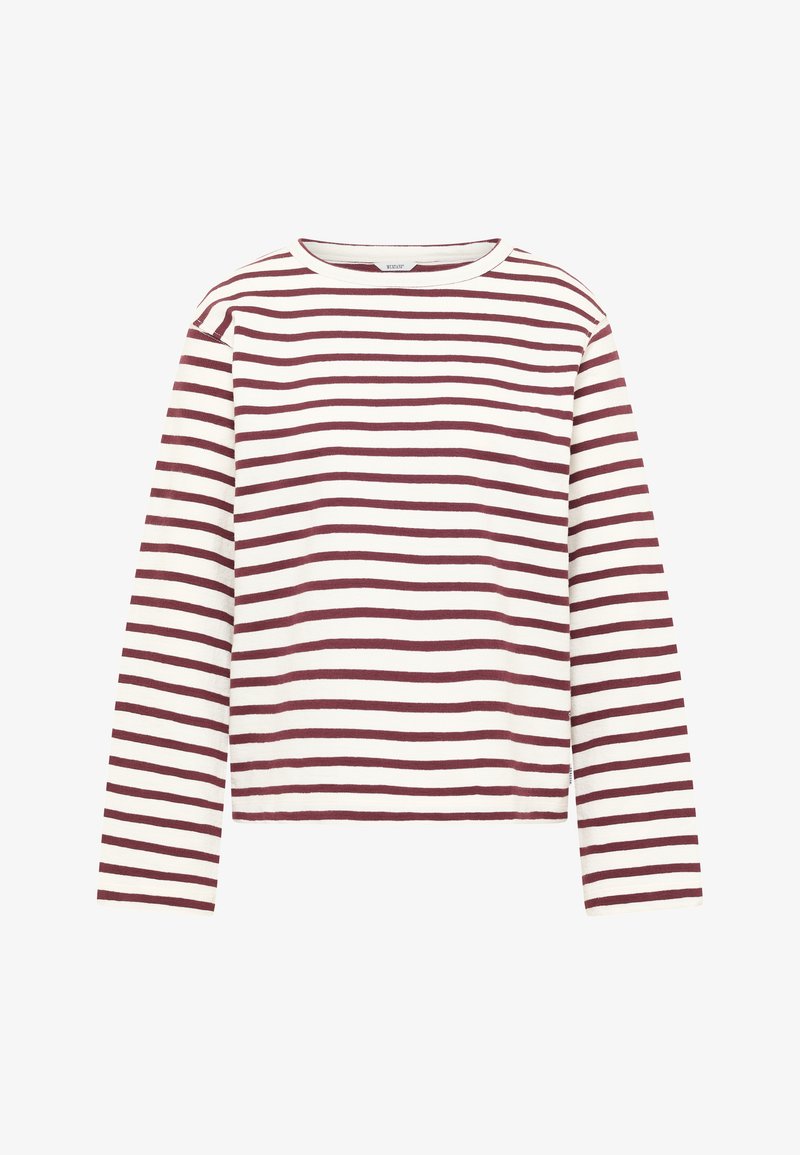 Langärmeliges Oberteil mit Rundhalsausschnitt und roten sowie weißen horizontalen Streifen. Hergestellt aus weichem Stoff, mit entspanntem Schnitt und geradem Saum.