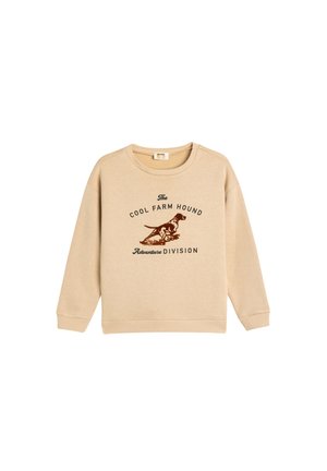 Felpa in cotone beige con collo tondo, maniche lunghe e polsini a coste. Presenta un testo grafico marrone e un'illustrazione di un cane.