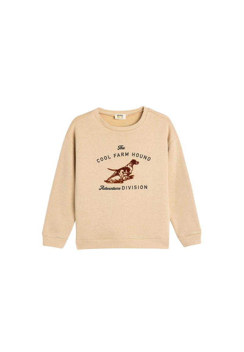 Felpa in cotone beige con collo tondo, maniche lunghe e polsini a coste. Presenta un testo grafico marrone e un'illustrazione di un cane.