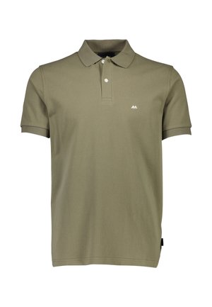 Olijfgroen polo shirt gemaakt van een katoenmix. Heeft een drieknoopsluiting, korte mouwen en een klein wit logo op de borst.
