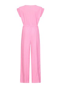 Rosa Jumpsuit mit kurzen Ärmeln, elastischem Taillenbund und weit geschnittenem Bein. Hergestellt aus weichem Stoff mit einer strukturierten Oberfläche und ohne sichtbare Muster.