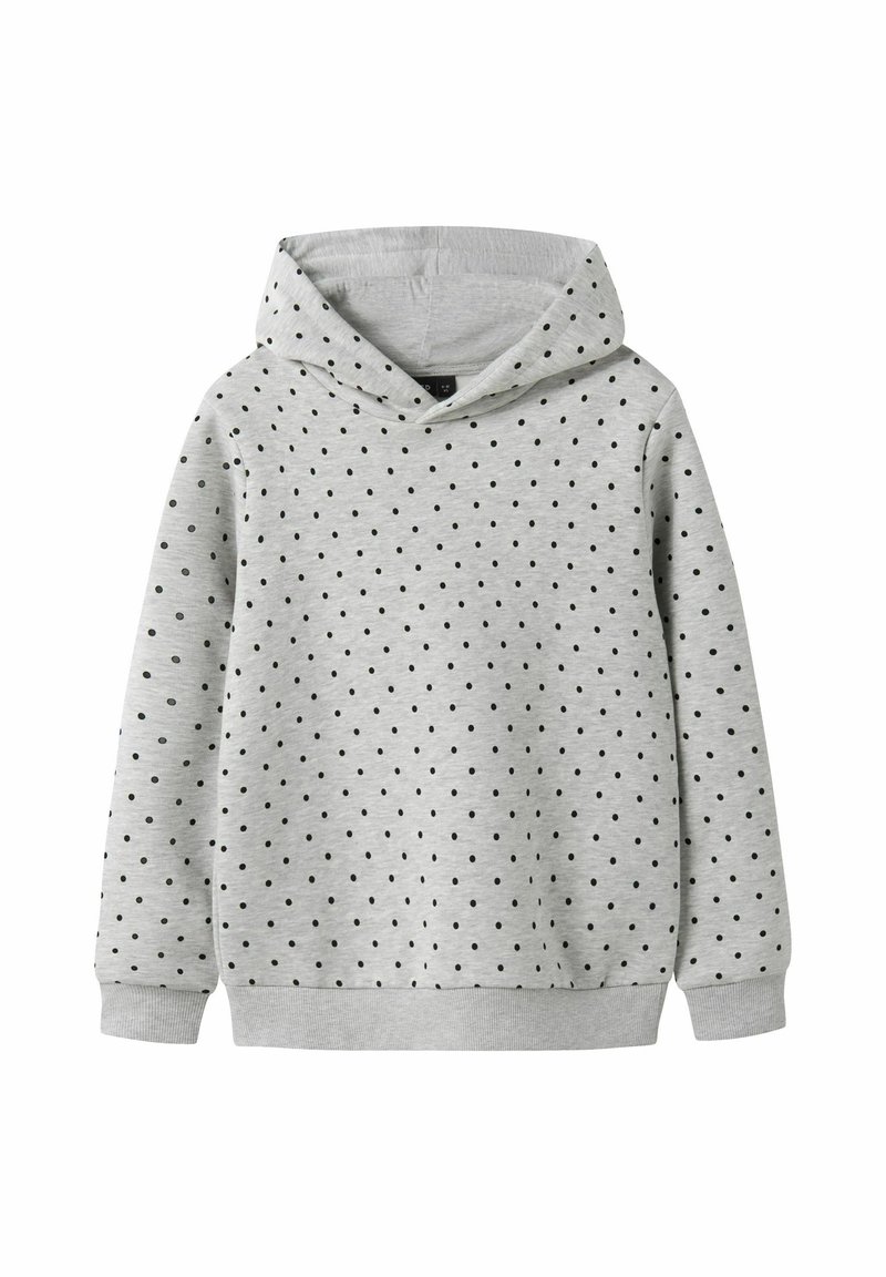 Grey hoodie made of soft fabric, featuring a polka dot pattern in black, with a drawstring hood and ribbed cuffs and hem.